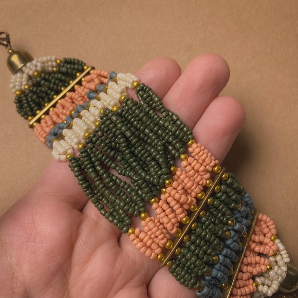 Boho Earth Tone Glass Seed Bead Wide Striped Coral Green Gold Beaded Bracelet - Picture 9 of 11